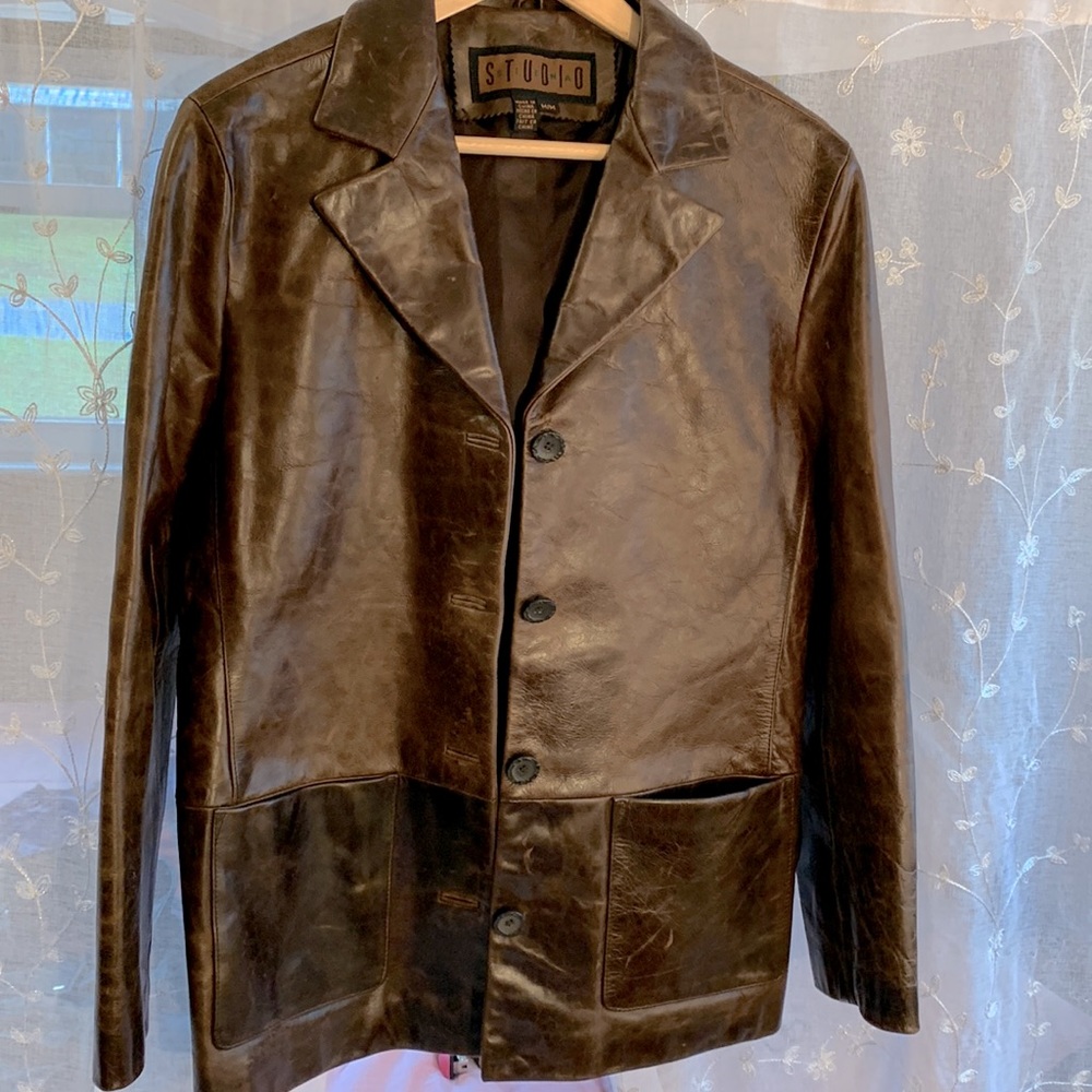 Siena Studio distressed Brown Leather Button Up Jacket sz M